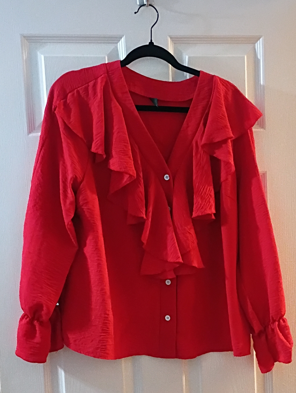 SHEIN Red Ruffle V-Neck Button Blouse